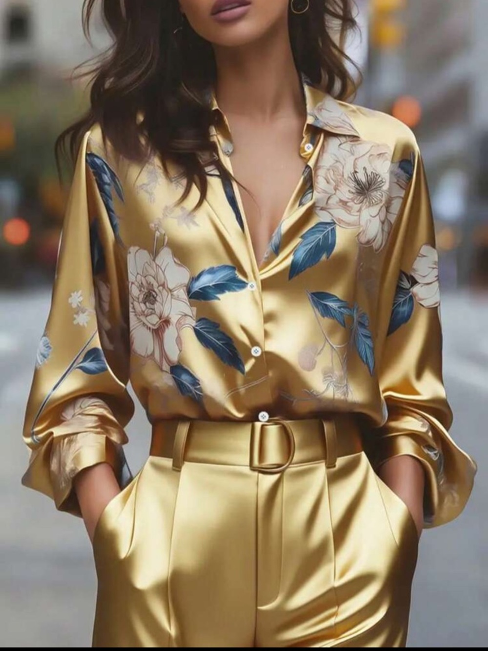 Luxe Satin Classic Floral Button-Up Down Shirt Top Blouse